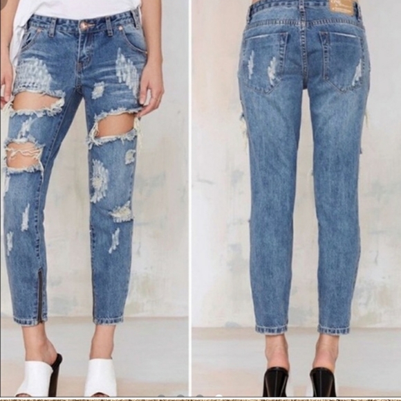 One Teaspoon Trashed Freebirds Distressed Low Rise Zipper Ankle Cropped Jeans 26 - Picture 3 of 10